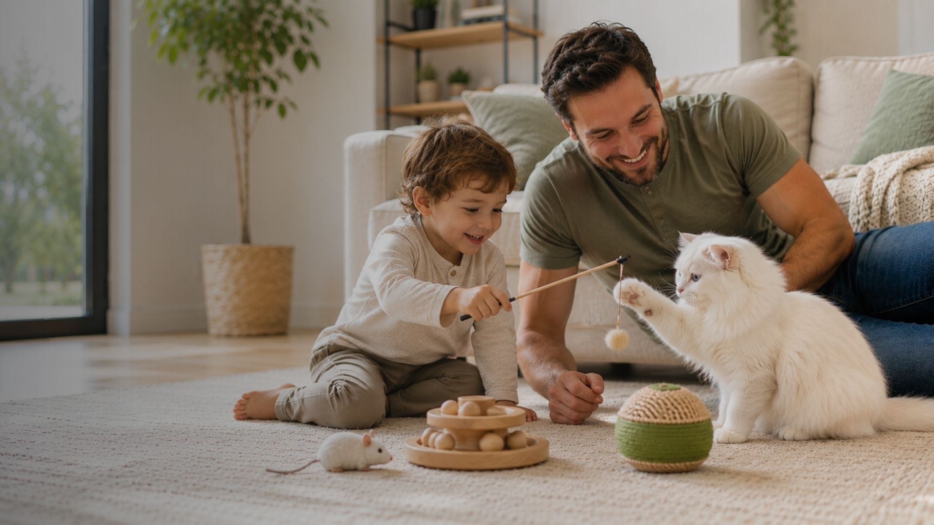 Man and child playing with a cat on a carpeted floor in a living room.