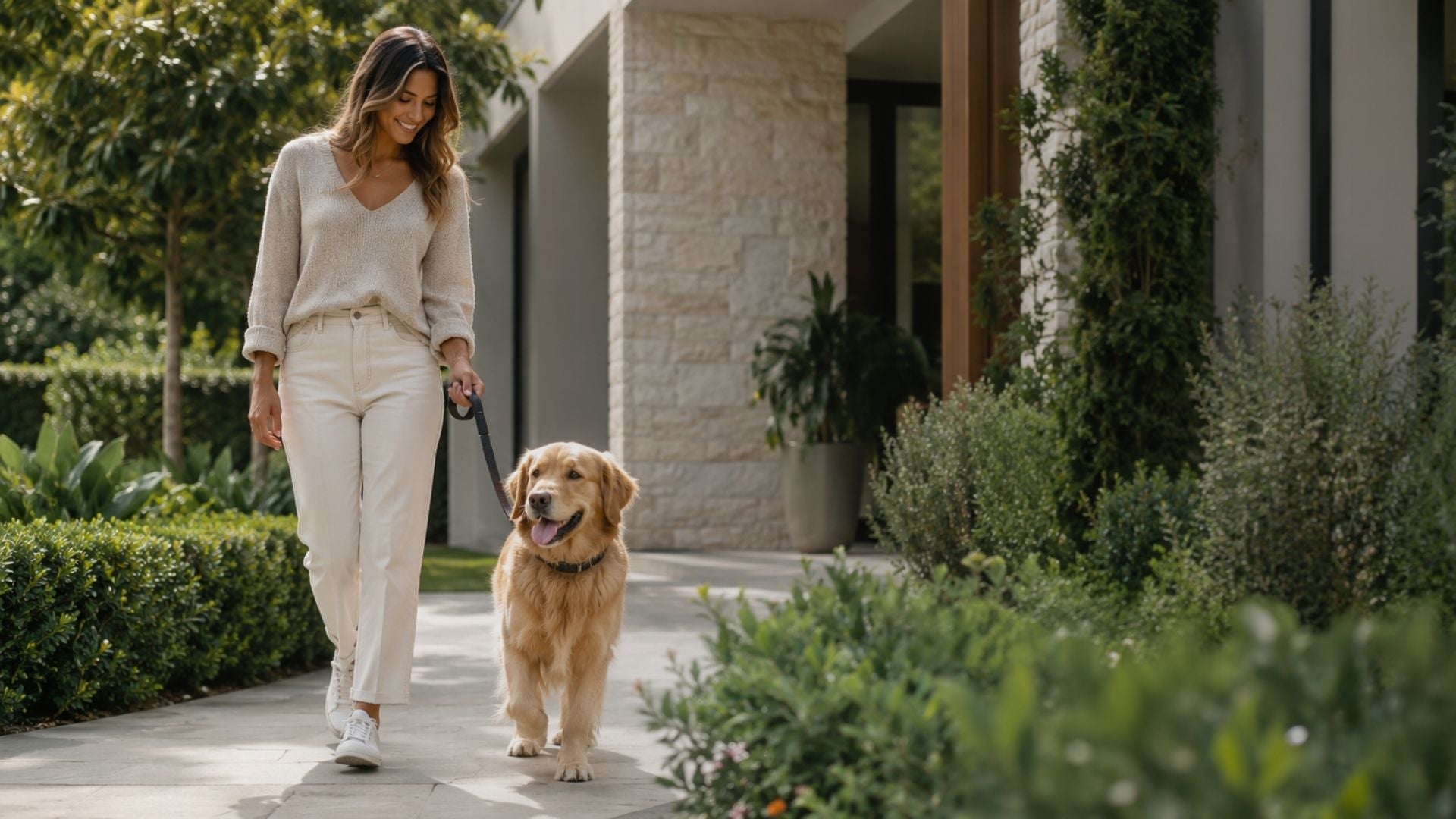 Woman walking a golden dog on a leash in a garden setting